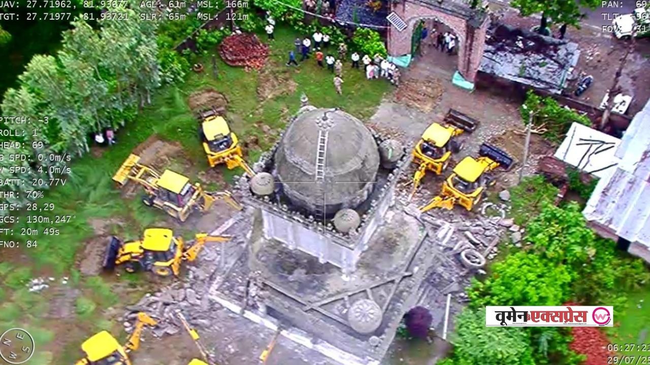 Up news yogi government bulldozer runs on illegal shrine in shravasti